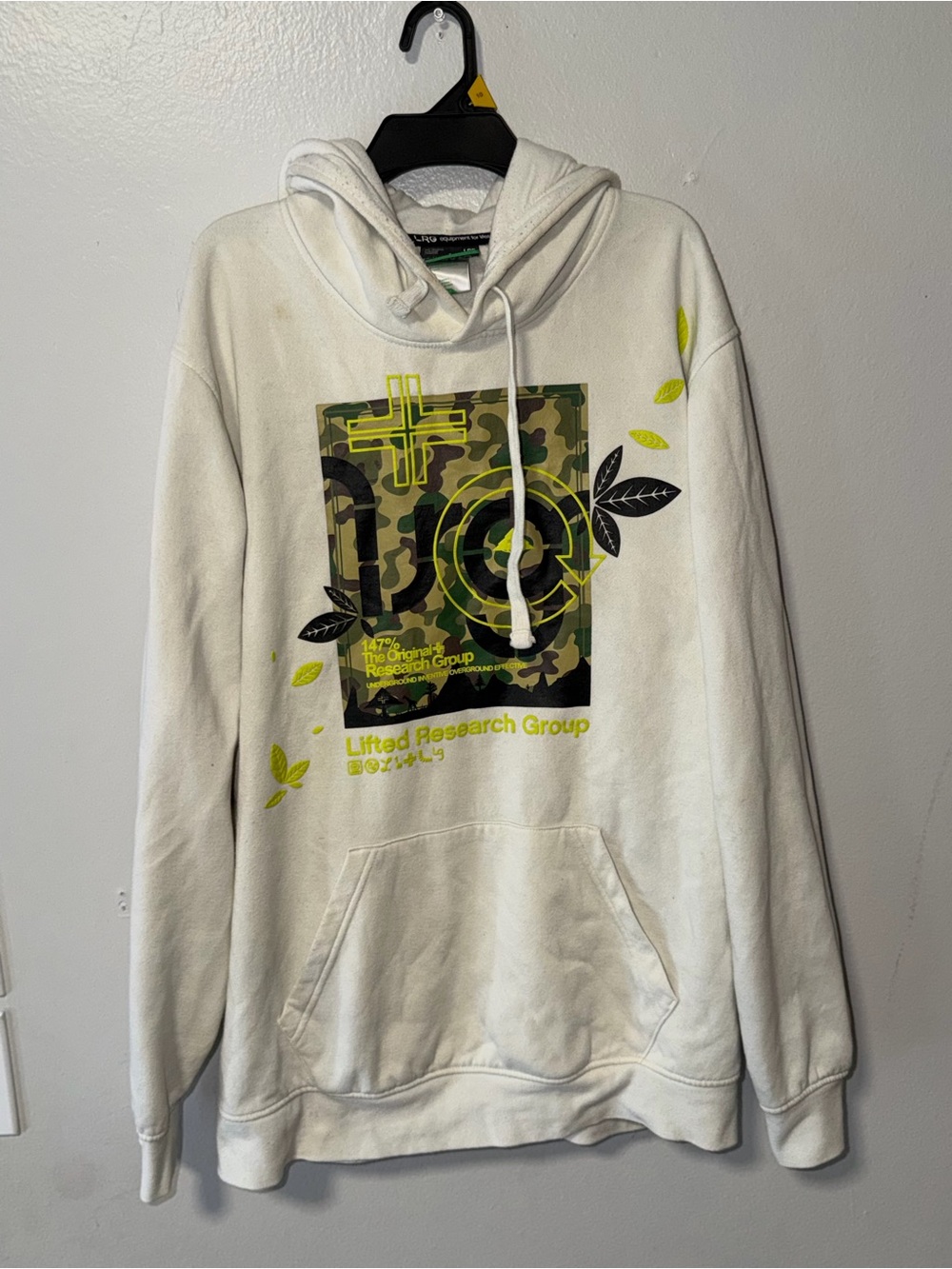 Lifted Research Group White Hoodie with Neon Green Camo Graphic